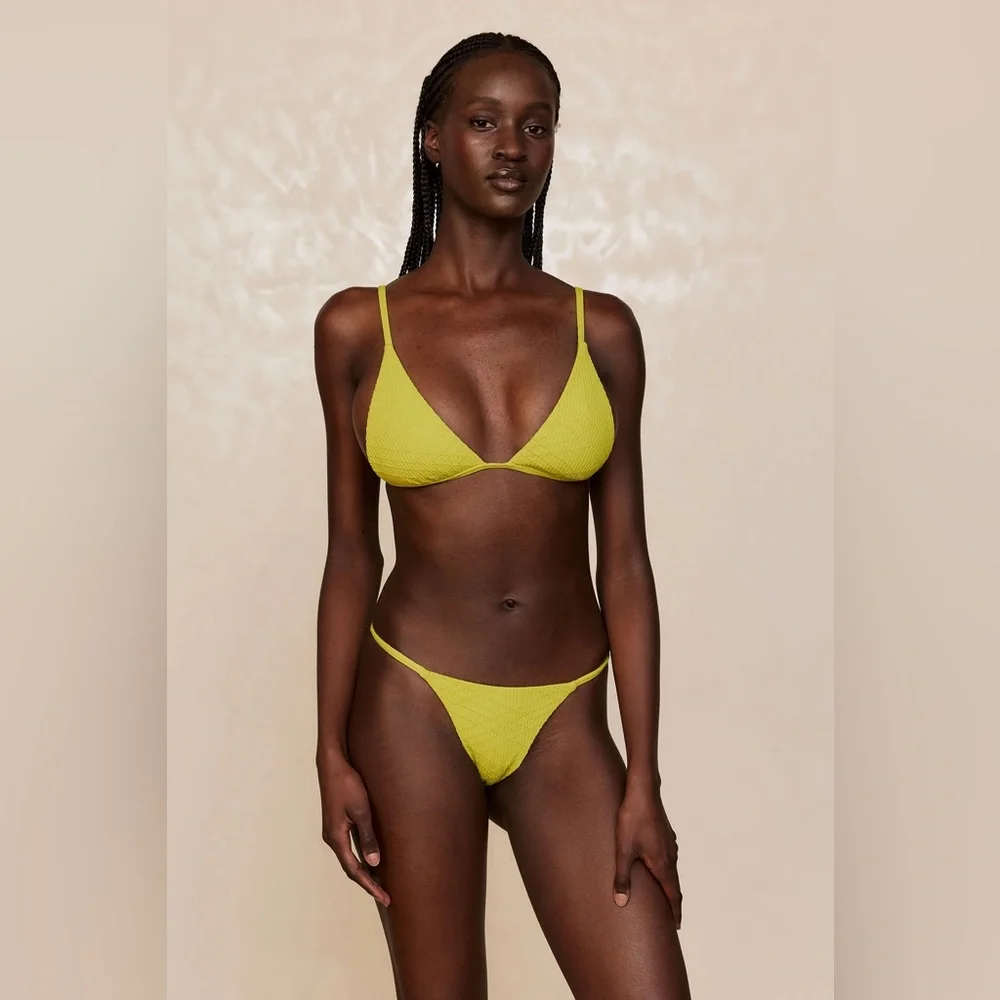 NEW Monday Swimwear BRAZIL THONG BOTTOM - CHARTREUSE SUMMER PLAID Bikini P XS